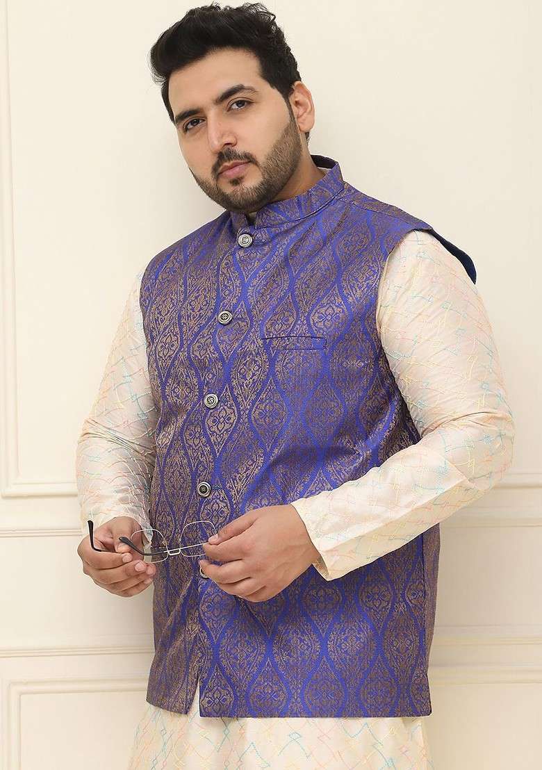 Blue Printed Poly Blend Nehru Jackets For Men - Indya