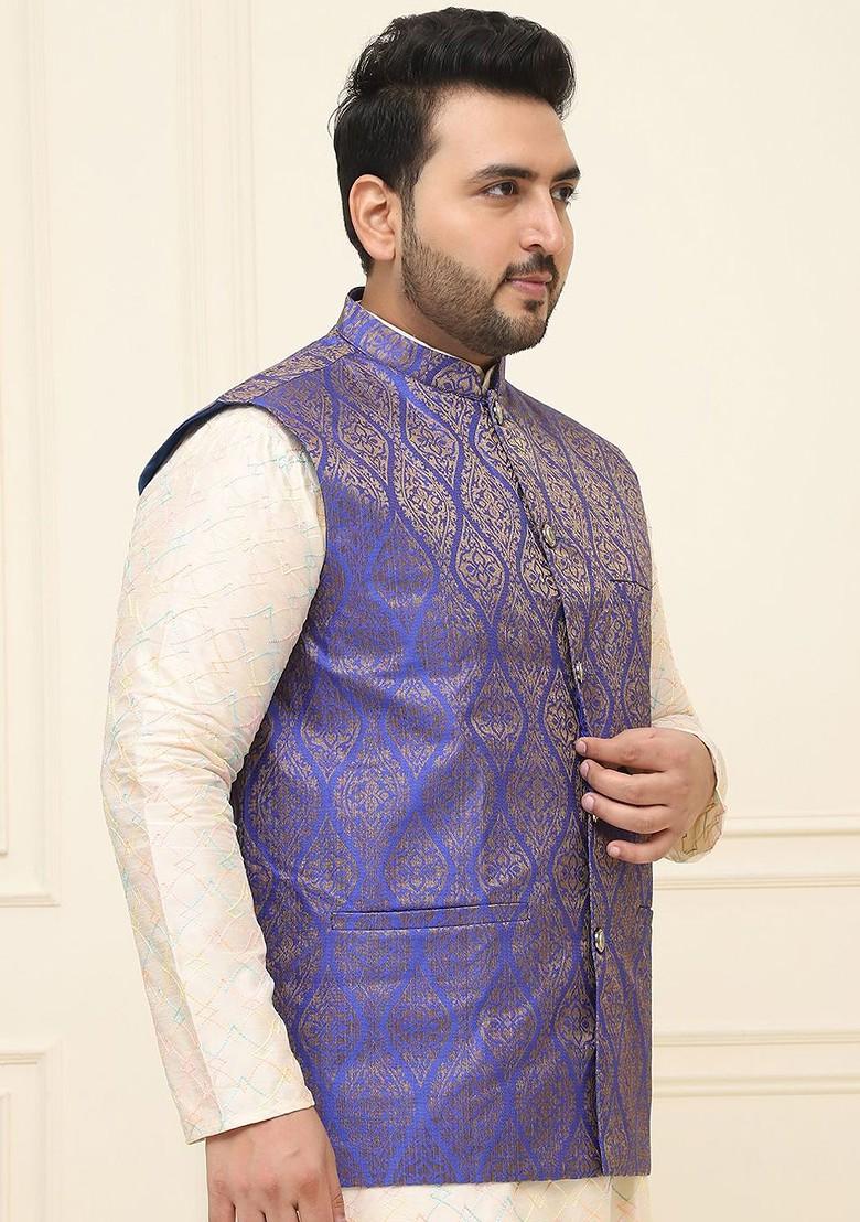 Blue Printed Poly Blend Nehru Jackets For Men