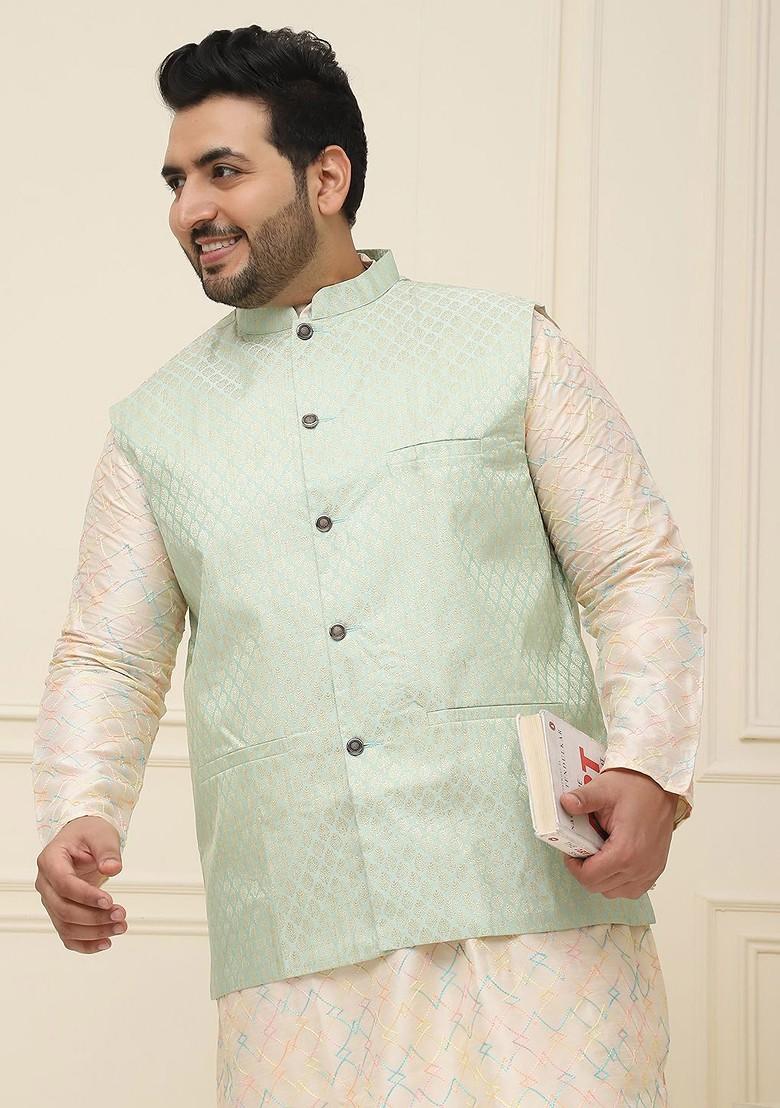 Green Printed Poly Blend Nehru Jackets For Men