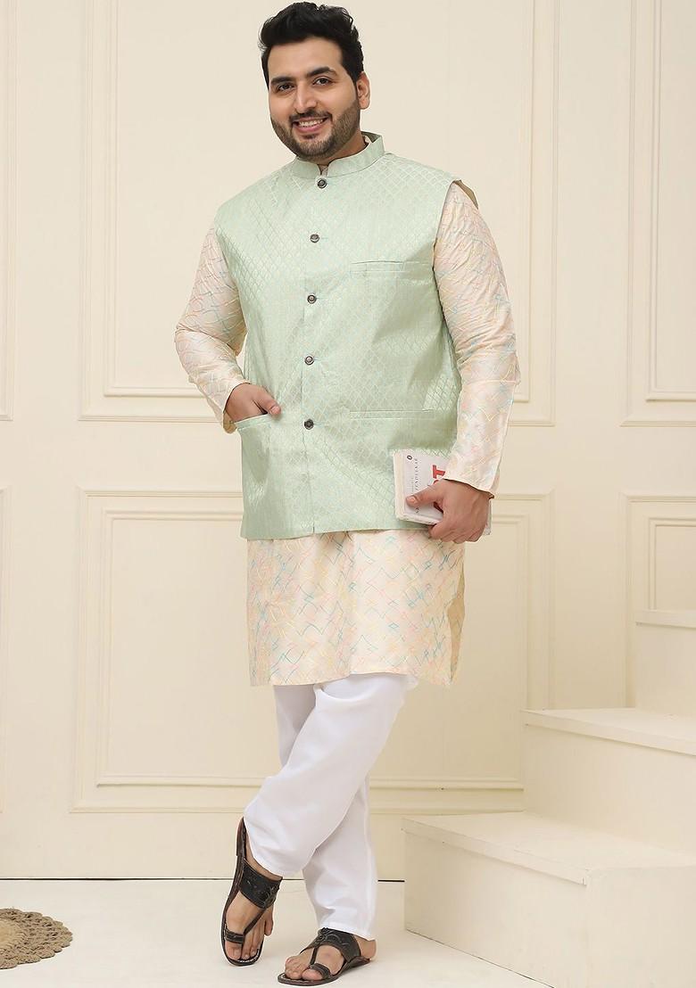 Green Printed Poly Blend Nehru Jackets For Men