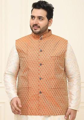 Orange Printed Poly Blend Nehru Jackets For Men