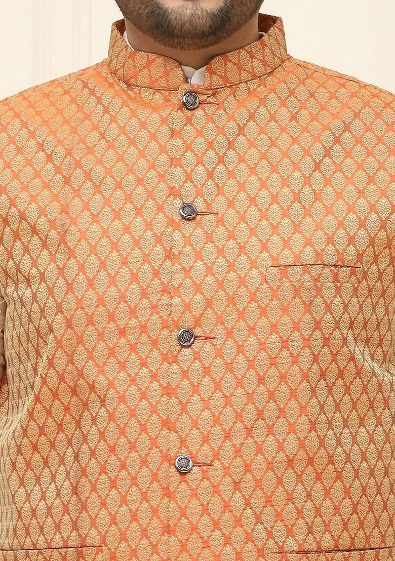 Orange Printed Poly Blend Nehru Jackets For Men