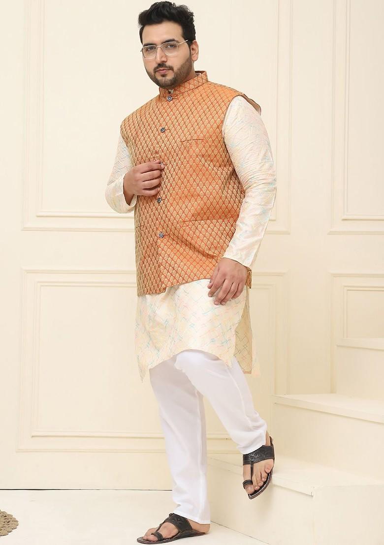 Orange Printed Poly Blend Nehru Jackets For Men