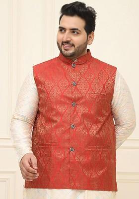 Red Printed Poly Blend Nehru Jackets For Men