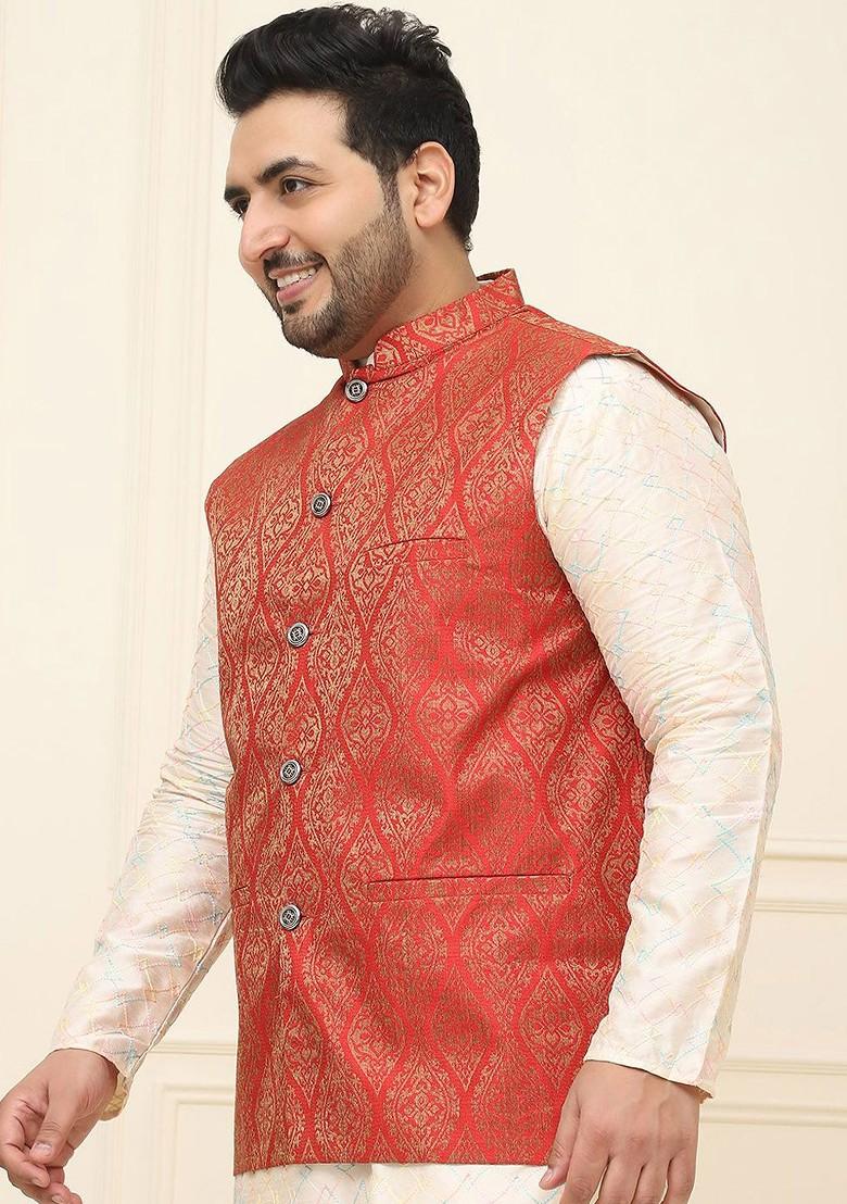 Red Printed Poly Blend Nehru Jackets For Men