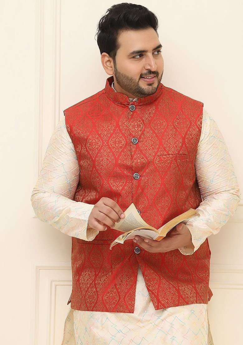 Red Printed Poly Blend Nehru Jackets For Men - Indya