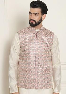 Peach Embroidered Poly Blend Nehru Jackets For Men