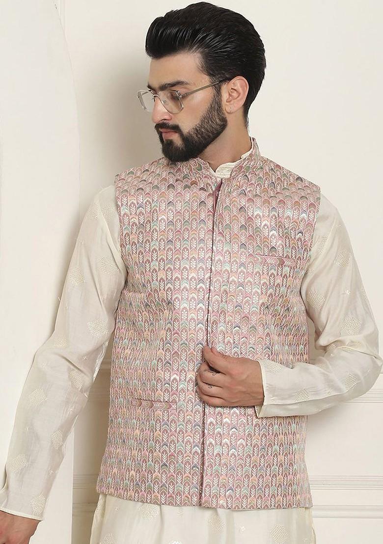 Peach Embroidered Poly Blend Nehru Jackets For Men