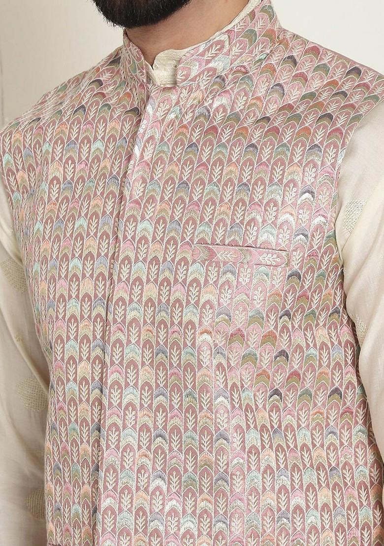 Peach Embroidered Poly Blend Nehru Jackets For Men