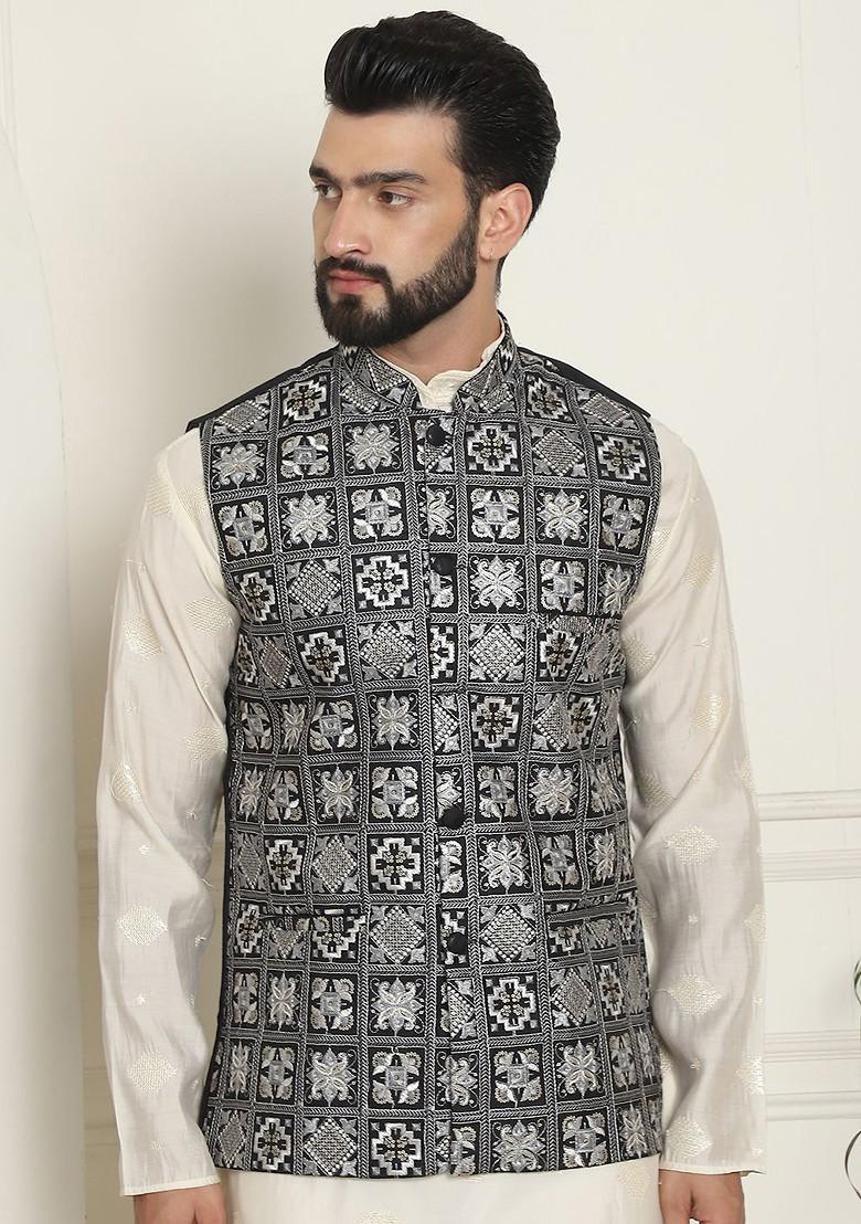 Black Embroidered Poly Blend Nehru Jackets For Men