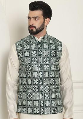 Green Embroidered Poly Blend Nehru Jackets For Men