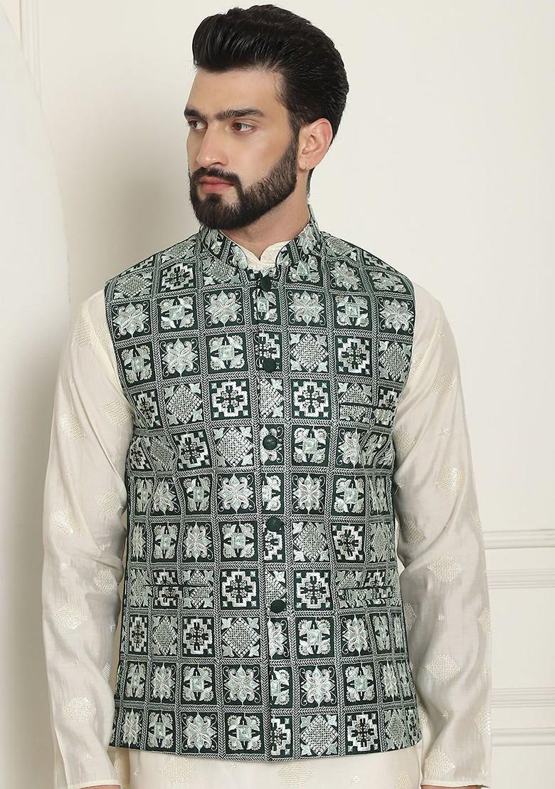 Green Embroidered Poly Blend Nehru Jackets For Men