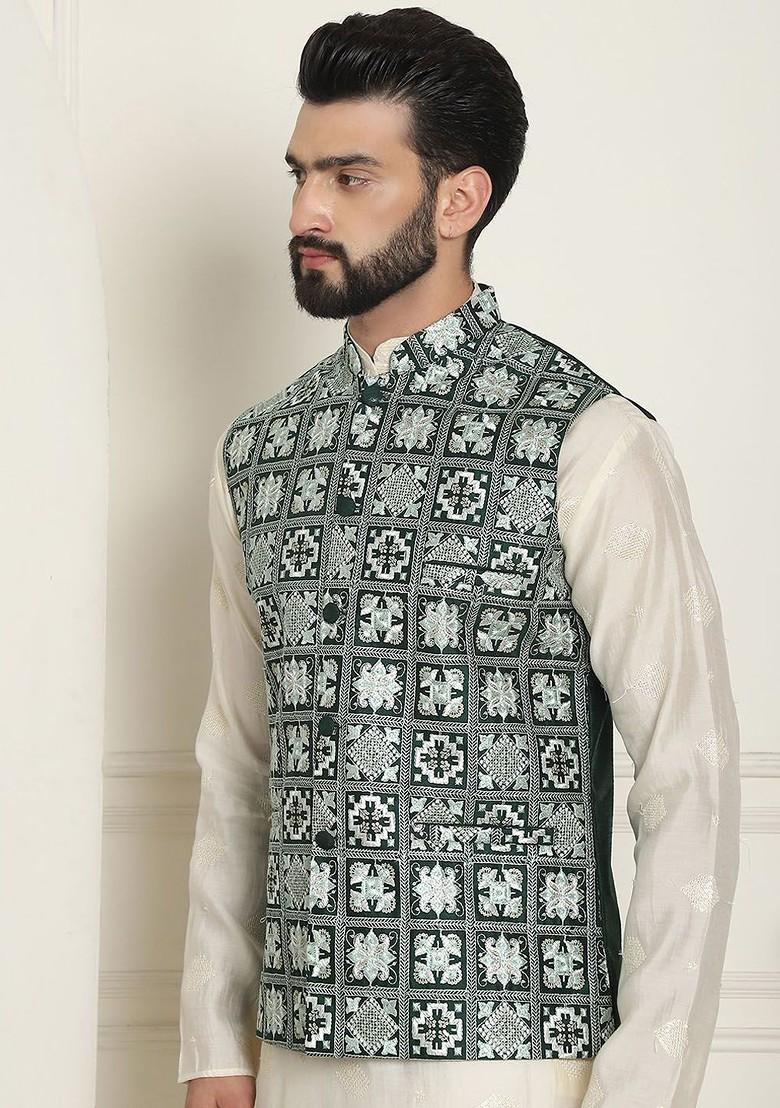 Green Embroidered Poly Blend Nehru Jackets For Men