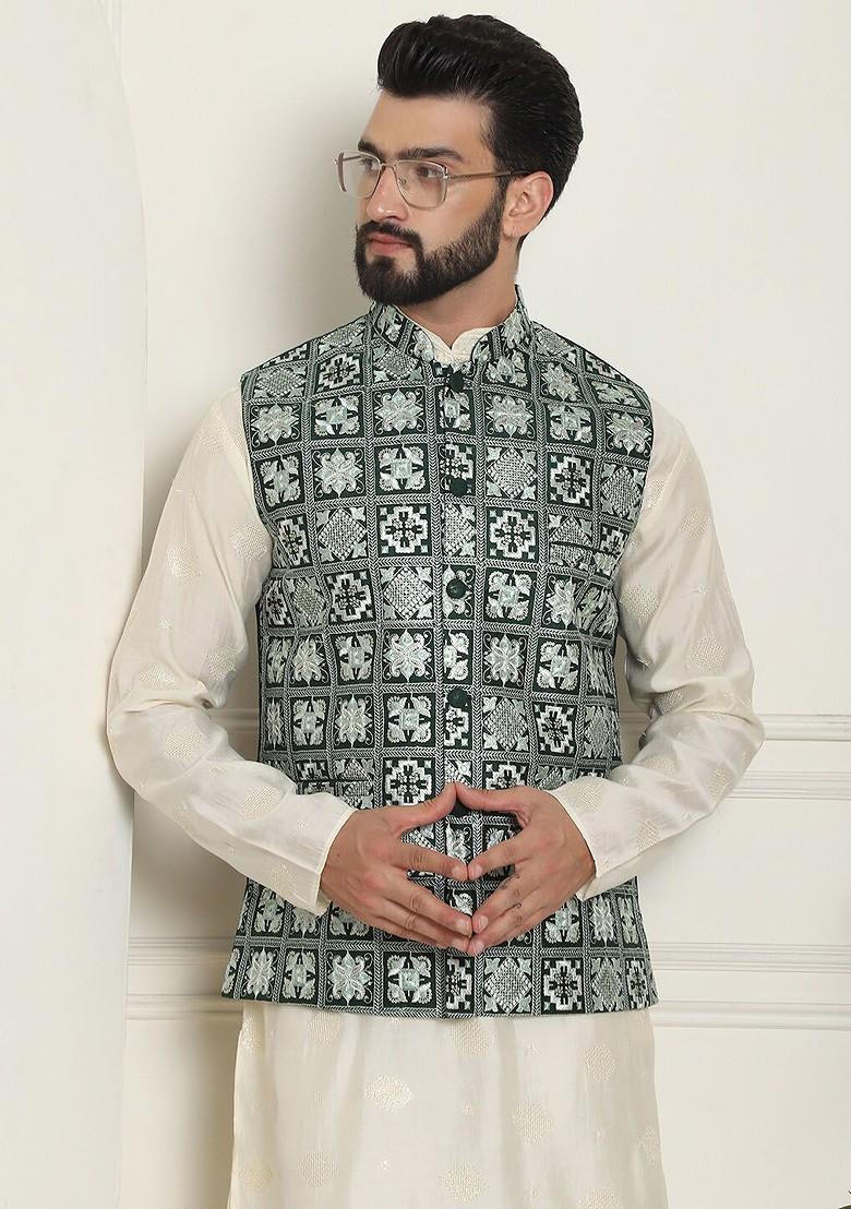Green Embroidered Poly Blend Nehru Jackets For Men