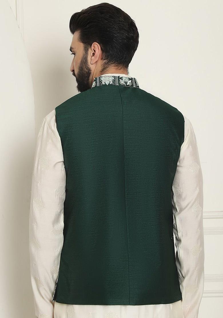 Green Embroidered Poly Blend Nehru Jackets For Men