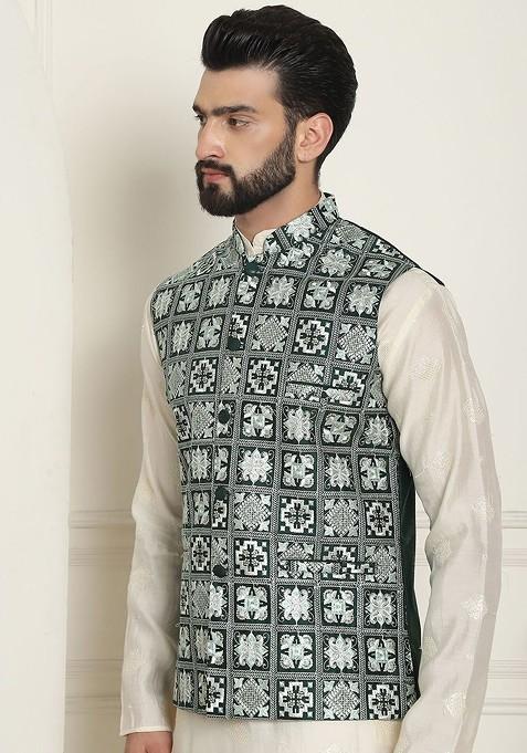 Green Embroidered Poly Blend Nehru Jackets For Men