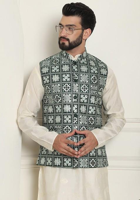 Green Embroidered Poly Blend Nehru Jackets For Men