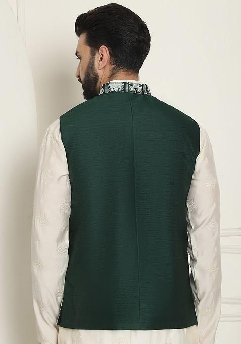 Green Embroidered Poly Blend Nehru Jackets For Men