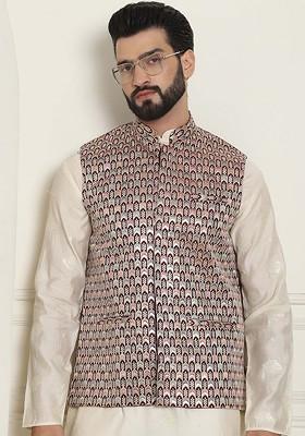 Maroon Embroidered Poly Blend Nehru Jackets For Men