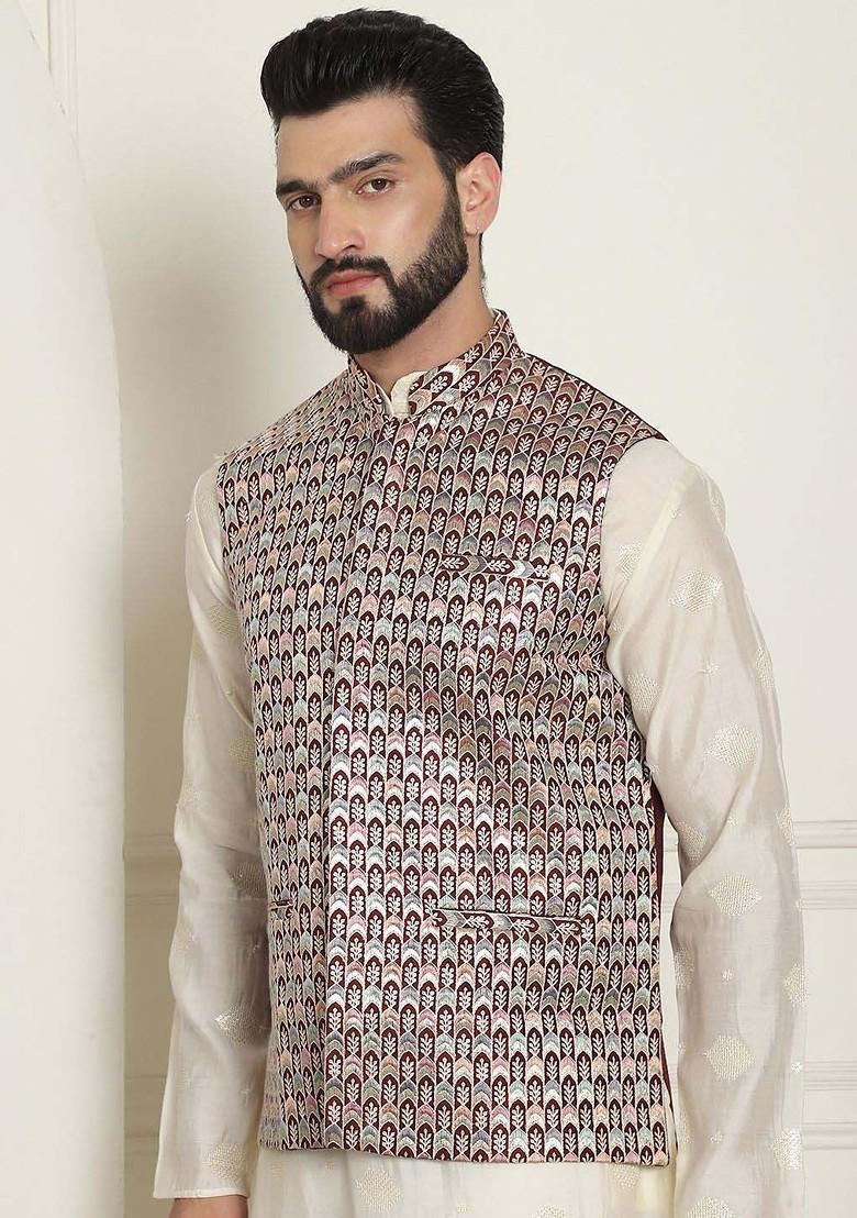 Maroon Embroidered Poly Blend Nehru Jackets For Men
