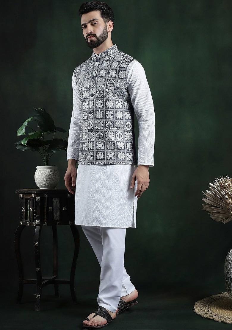Grey Embroidered Poly Blend Nehru Jackets For Men