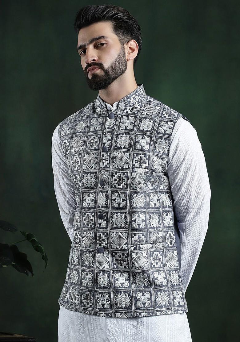 Grey Embroidered Poly Blend Nehru Jackets For Men