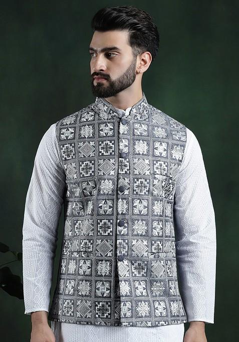 Grey Embroidered Poly Blend Nehru Jackets For Men — view on Indya