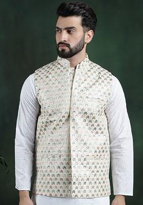 Cream Embroidered Poly Blend Nehru Jackets For Men