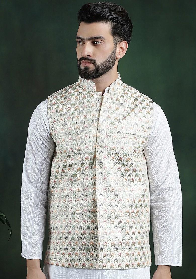 Cream Embroidered Poly Blend Nehru Jackets For Men