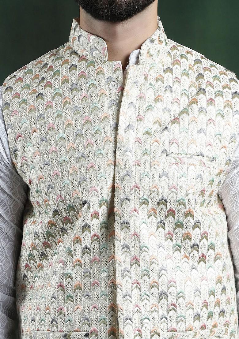 Cream Embroidered Poly Blend Nehru Jackets For Men