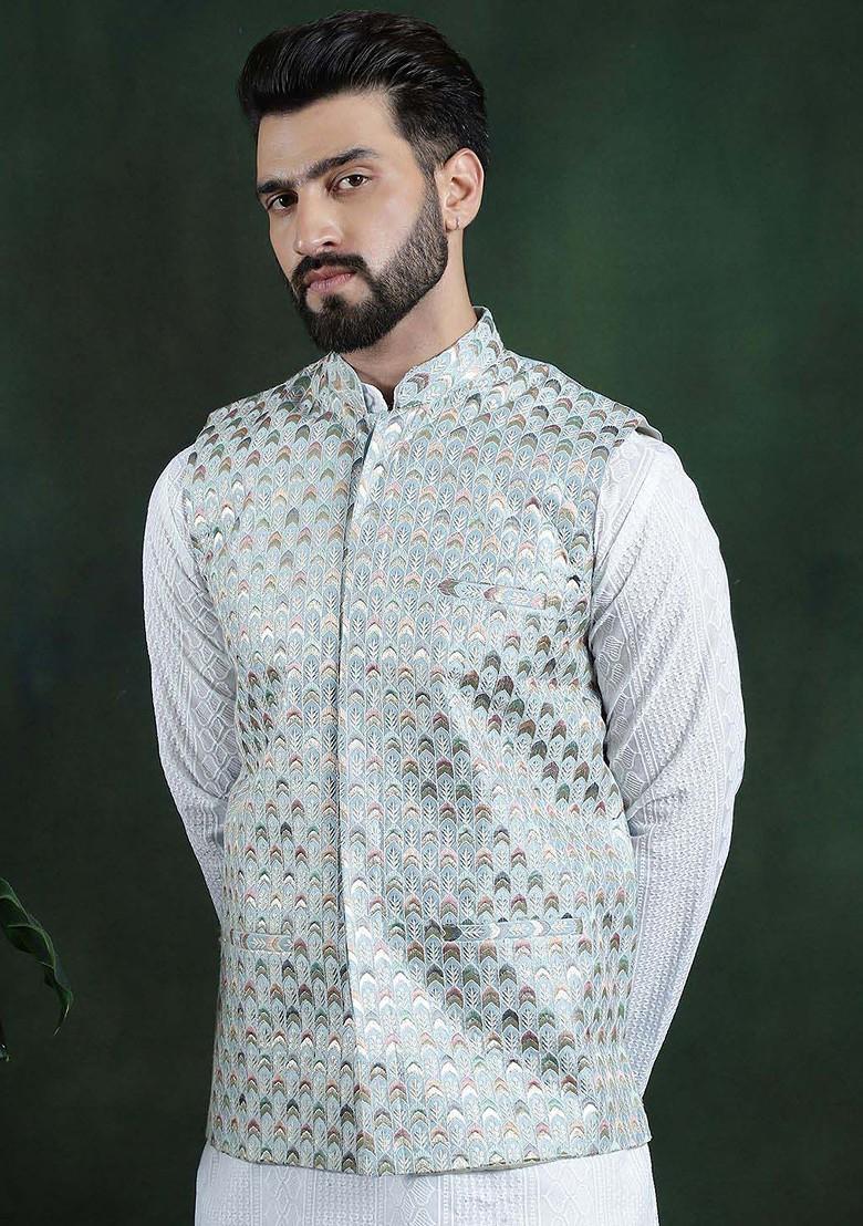 Blue Woven Poly Blend Nehru Jackets For Men