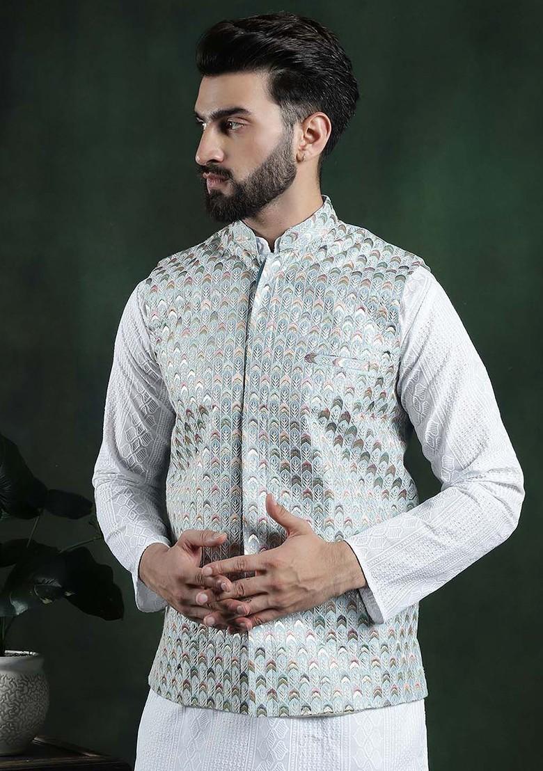 Blue Woven Poly Blend Nehru Jackets For Men