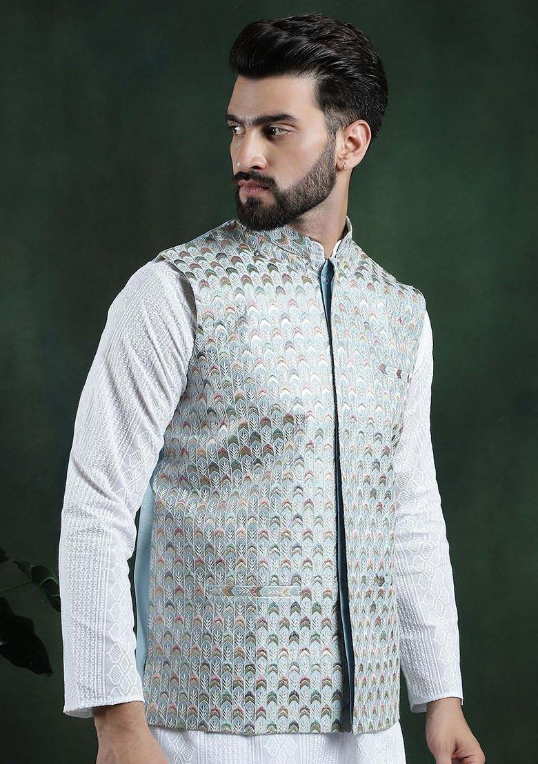 Blue Woven Poly Blend Nehru Jackets For Men