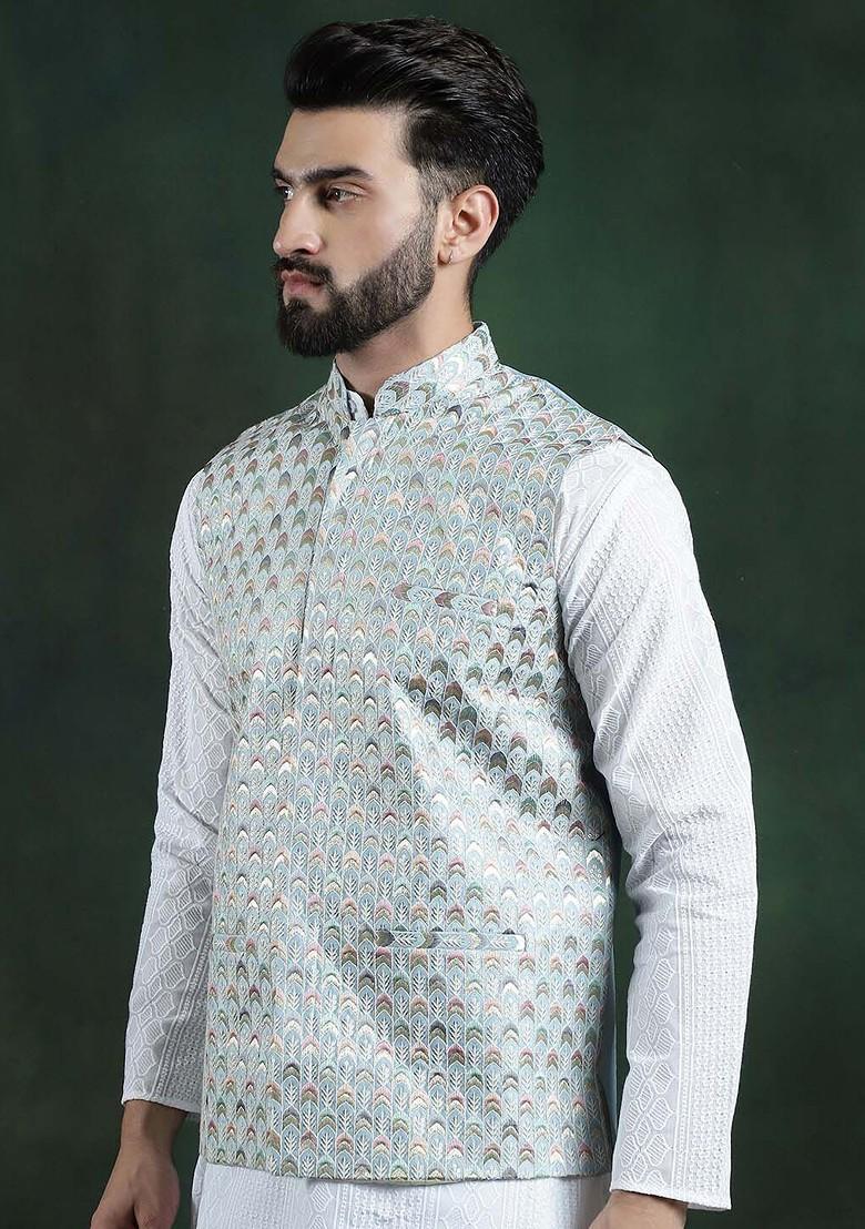Blue Woven Poly Blend Nehru Jackets For Men