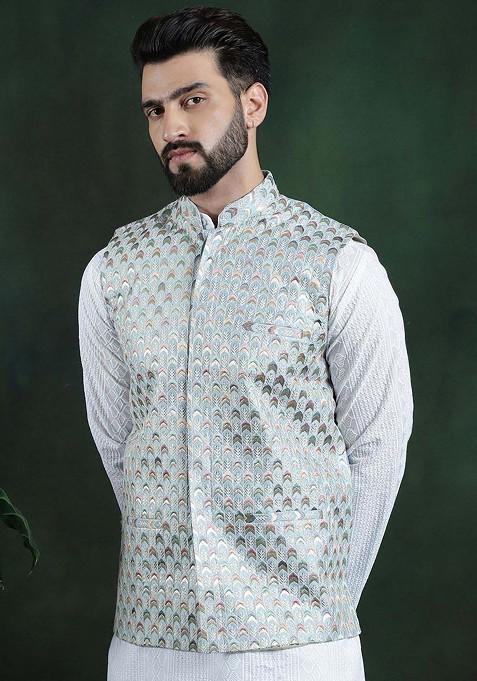 Blue Woven Poly Blend Nehru Jackets For Men