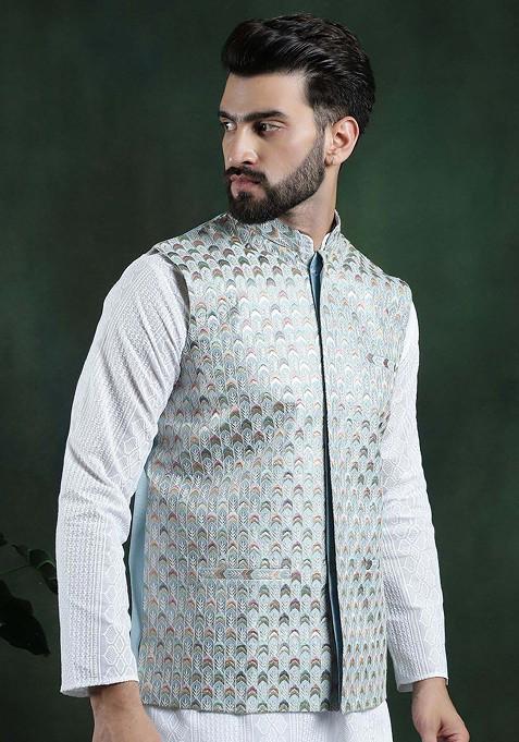 Blue Woven Poly Blend Nehru Jackets For Men