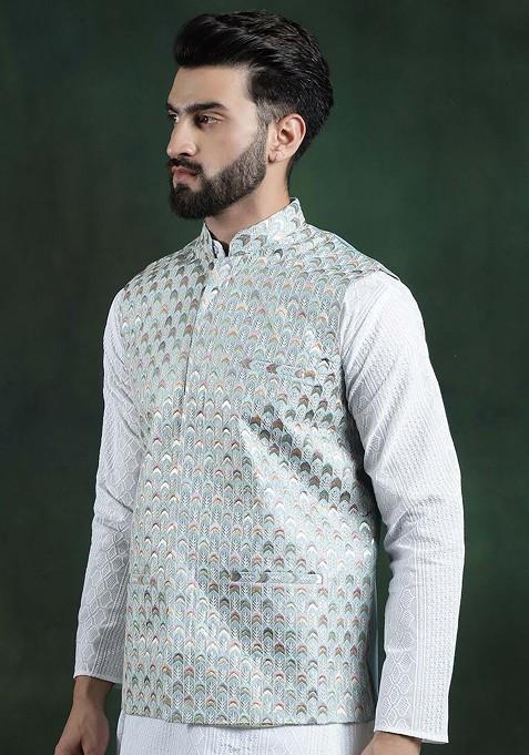Blue Woven Poly Blend Nehru Jackets For Men