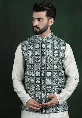 Green Embroidered Poly Blend Nehru Jackets For Men