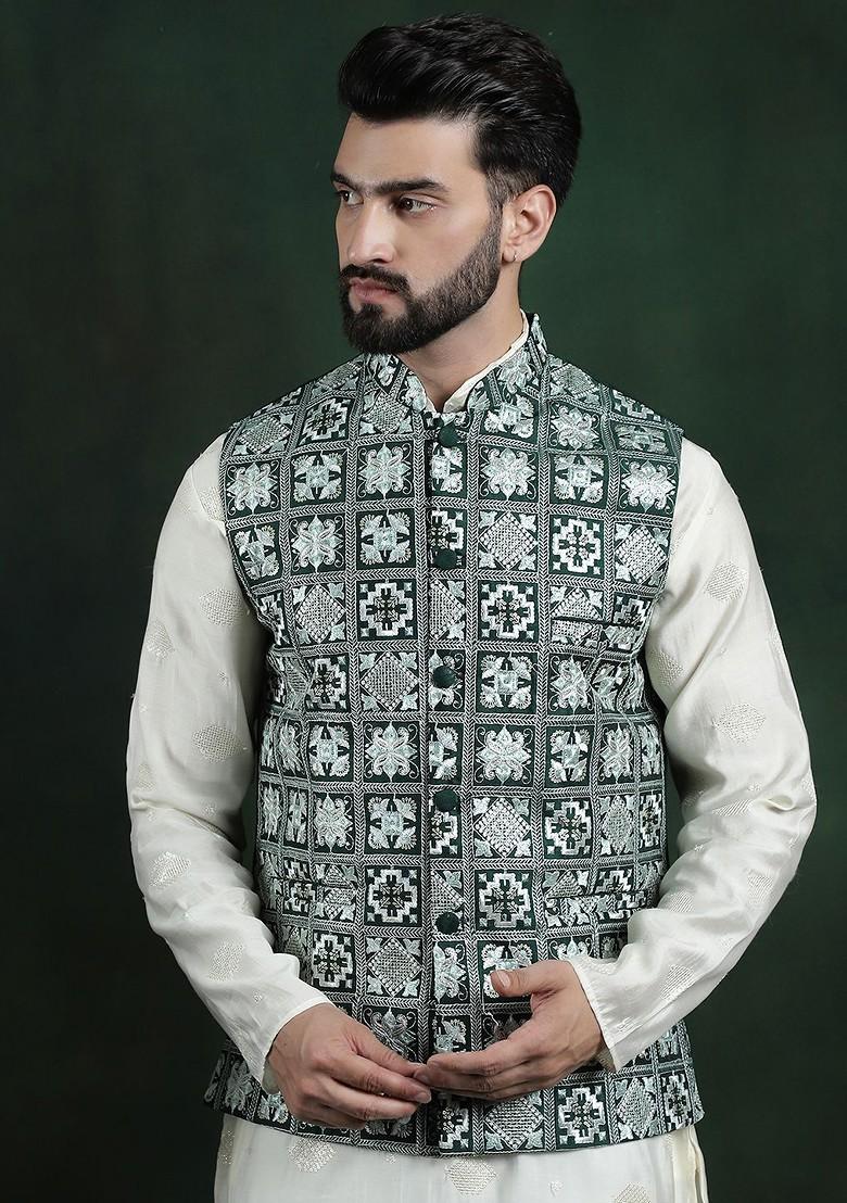 Green Embroidered Poly Blend Nehru Jackets For Men