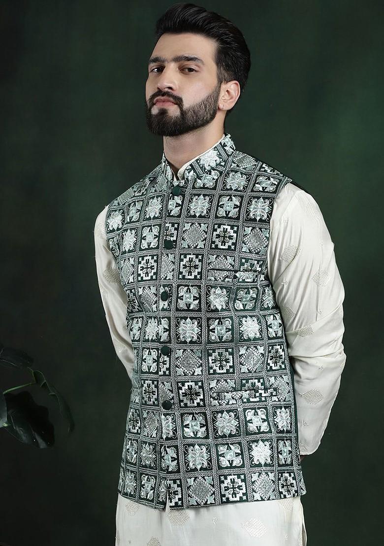 Green Embroidered Poly Blend Nehru Jackets For Men