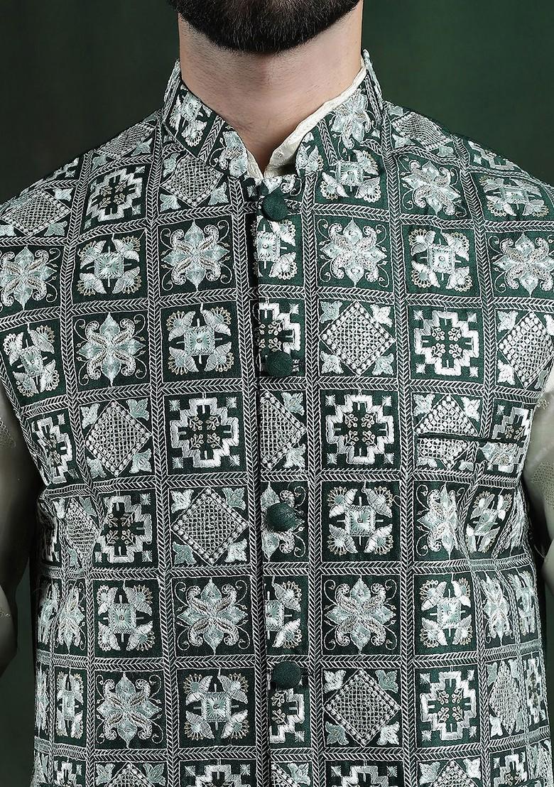 Green Embroidered Poly Blend Nehru Jackets For Men