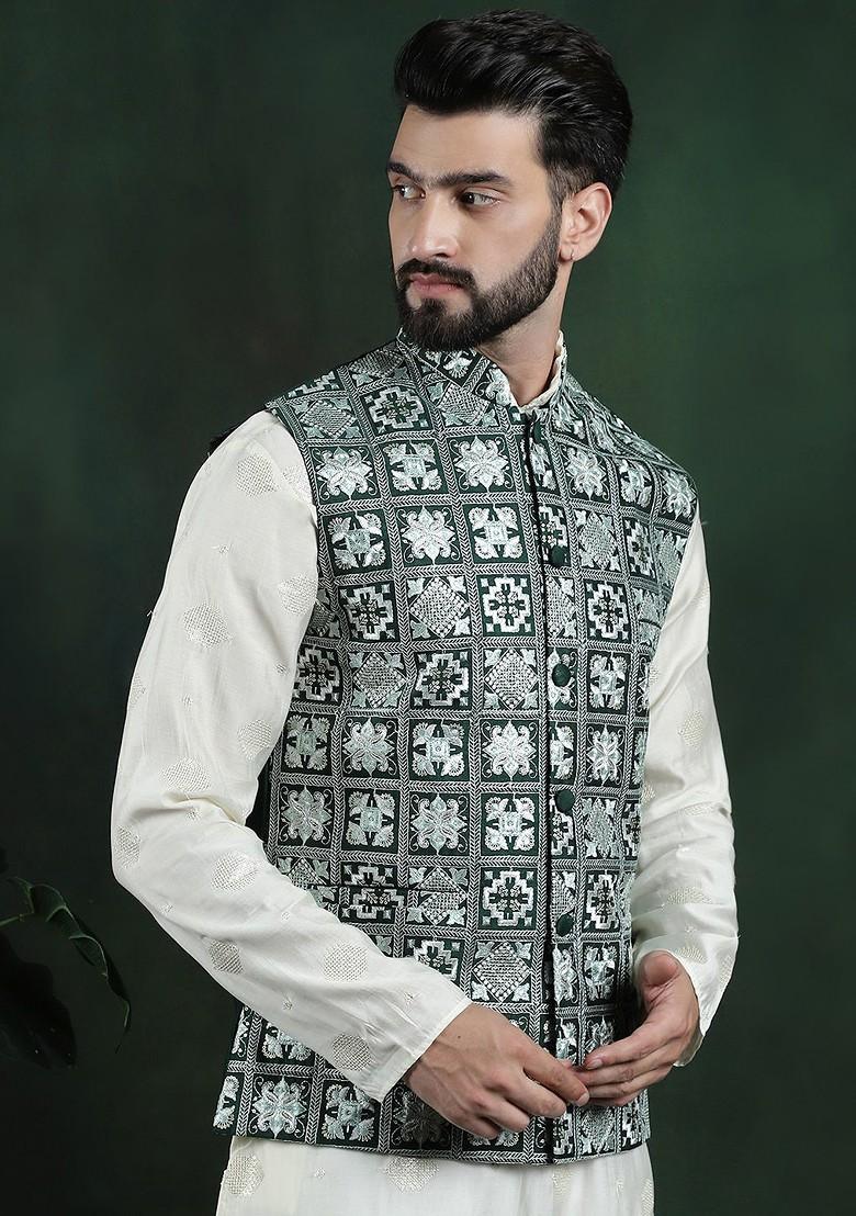 Green Embroidered Poly Blend Nehru Jackets For Men
