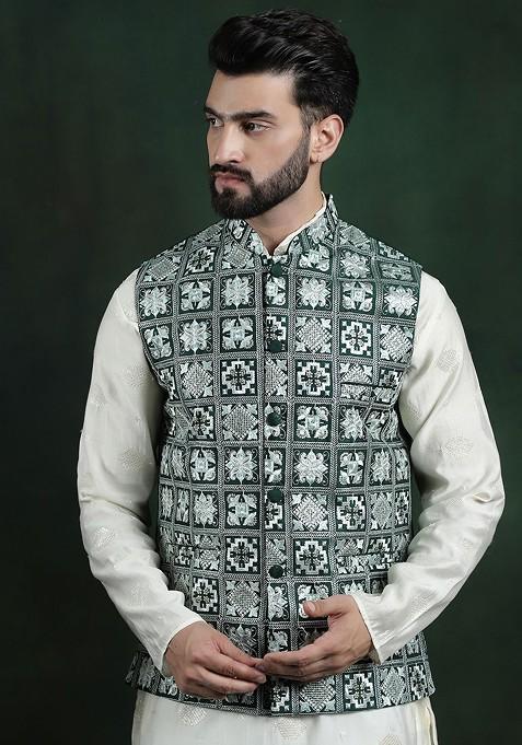 Green Embroidered Poly Blend Nehru Jackets For Men