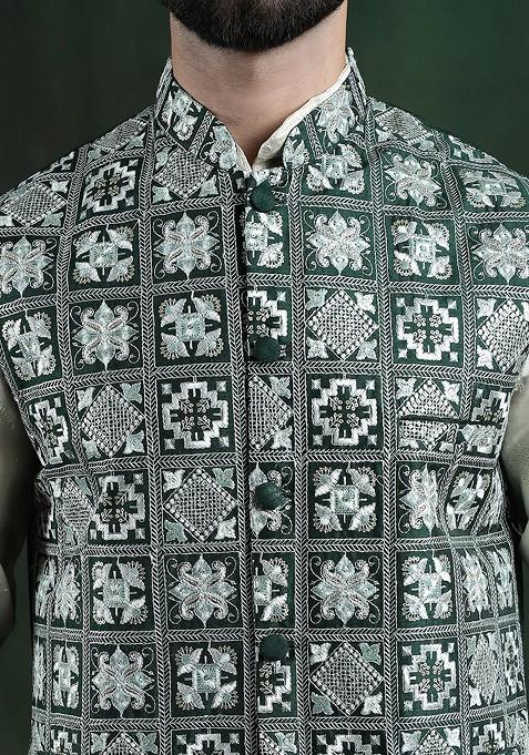Green Embroidered Poly Blend Nehru Jackets For Men