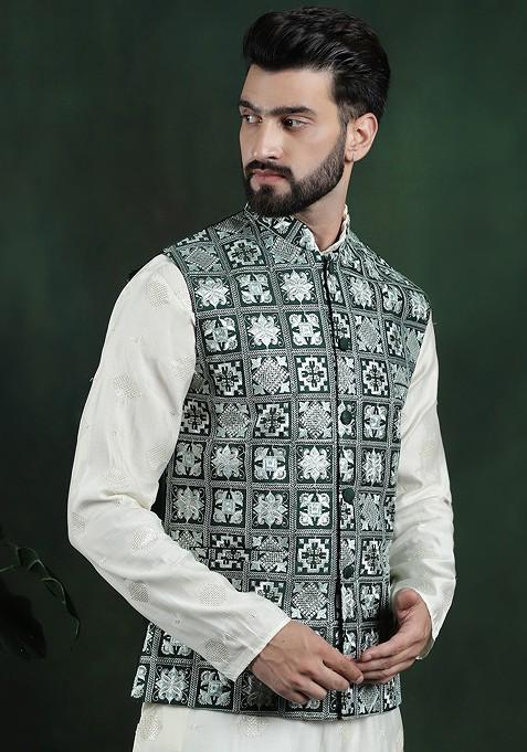 Green Embroidered Poly Blend Nehru Jackets For Men