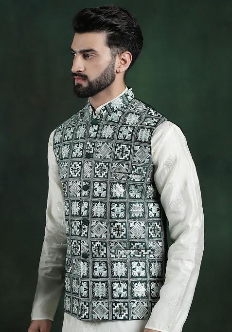 Green Embroidered Poly Blend Nehru Jackets For Men