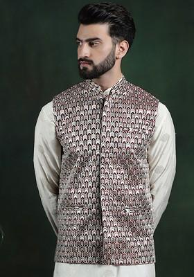 Maroon Woven Poly Blend Nehru Jackets For Men