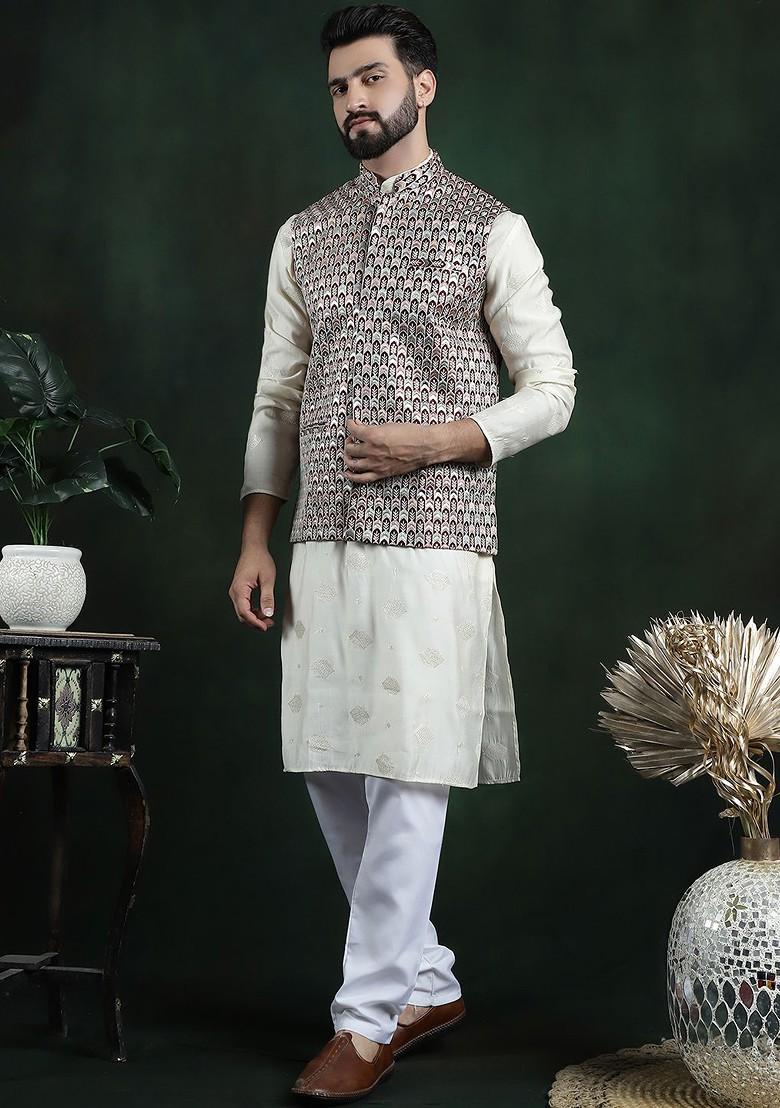 Maroon Woven Poly Blend Nehru Jackets For Men