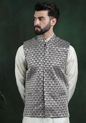 Navy Blue Embroidered Silk Nehru Jackets For Men