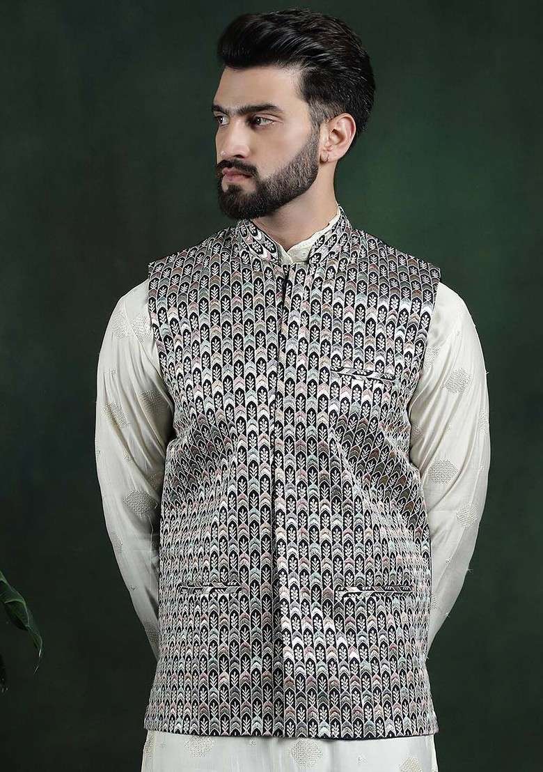 Navy Blue Embroidered Silk Blend Nehru Jackets For Men - Indya